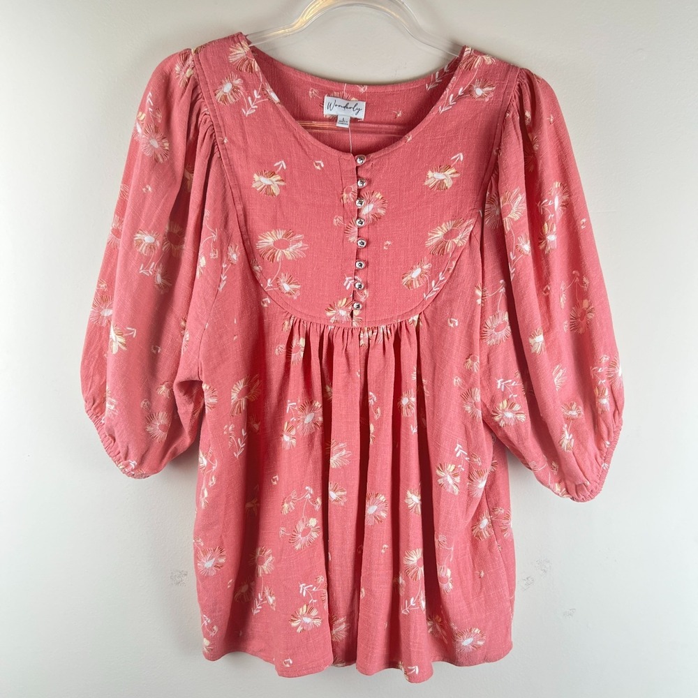 NWT Wonderly Mauve Floral Linen Blend Peasant Top L Cottagecore Boho Puff Sleeve